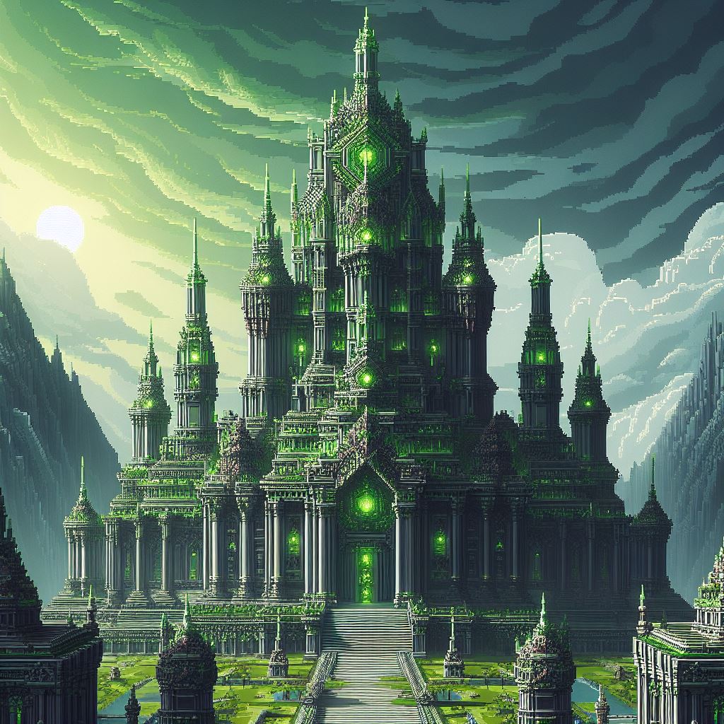 Pixel art image with a green church