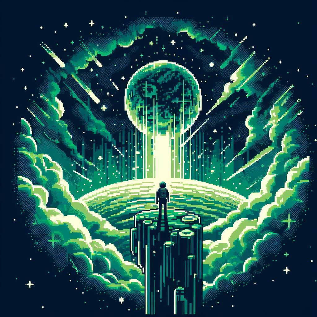 Pixel art image of a planet and a person