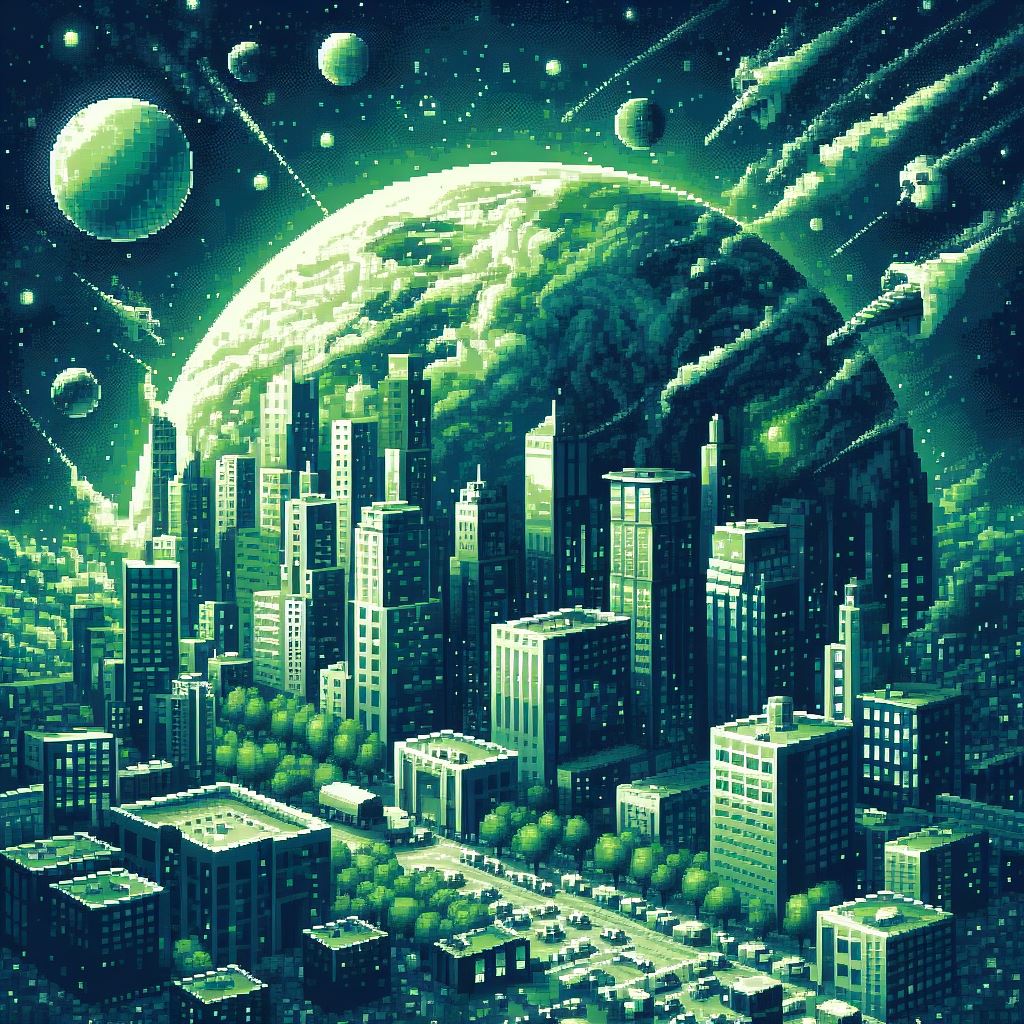 Pixel art image of a green city