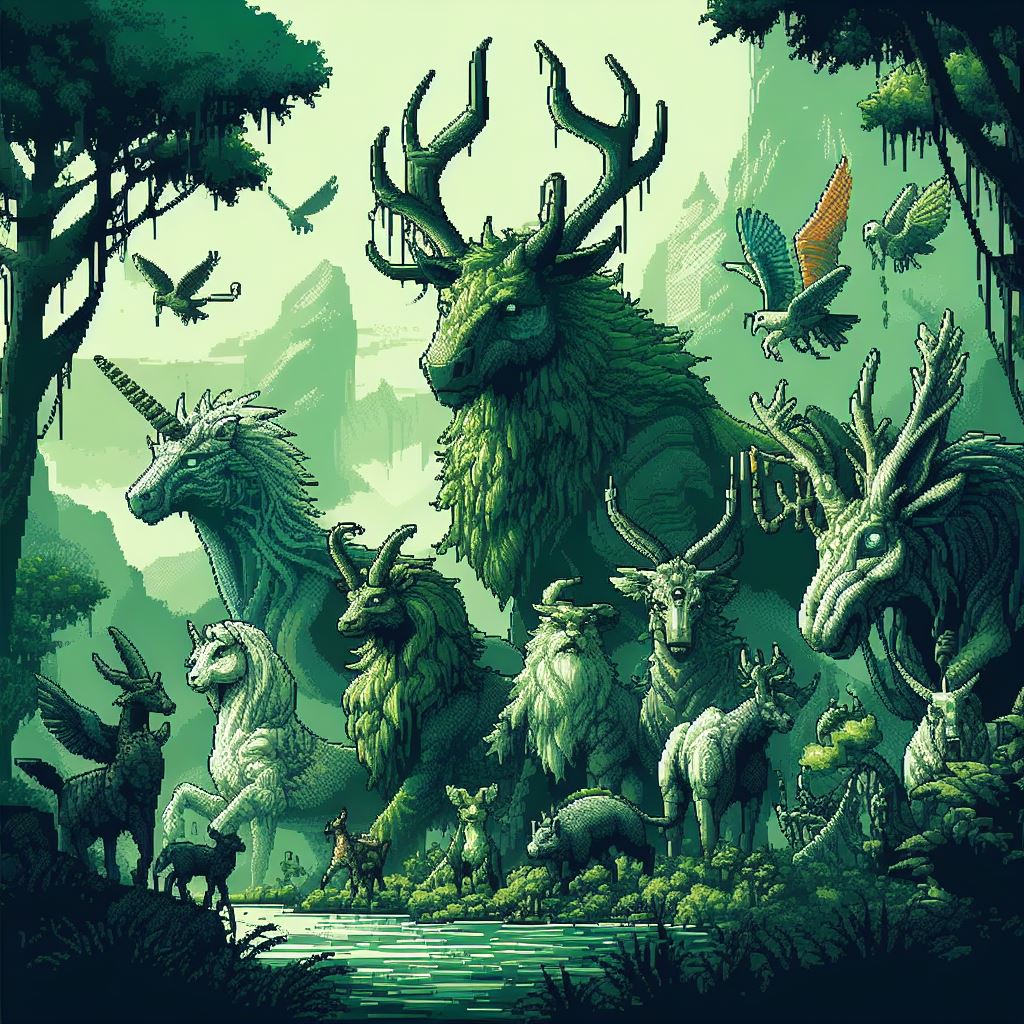 Pixel art image with mythic creatures