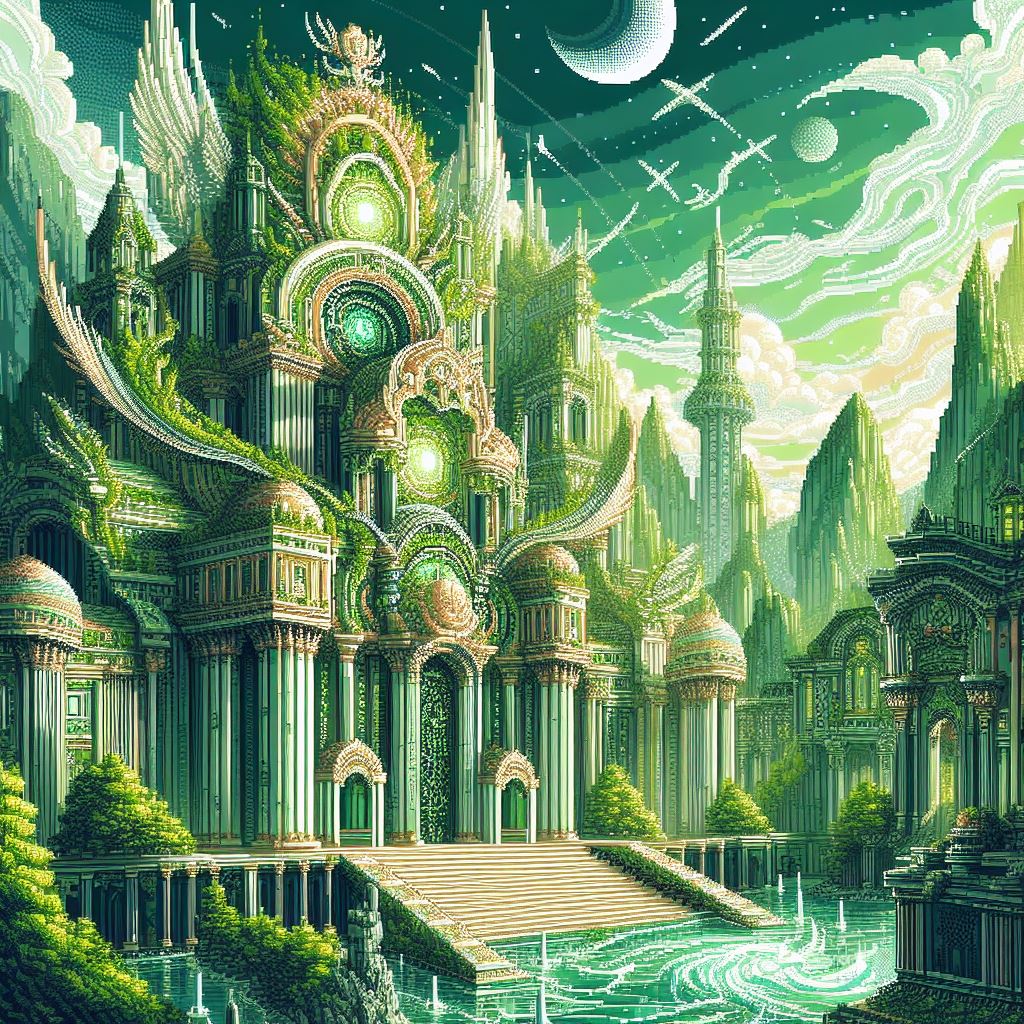 Pixel art image of a green building