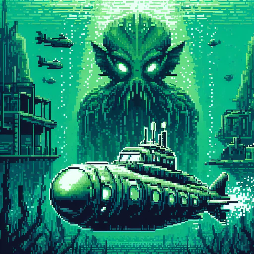 Pixel art image of an ocean monster stalking